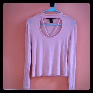 High neck with criss cross v long sleeve pink top